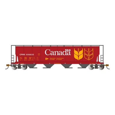 BAC73801 HO CANADIAN 4-BAY CYL. GRAIN HOPPER W/END OF TR.DEVICE-CAN.GRAIN(RED)